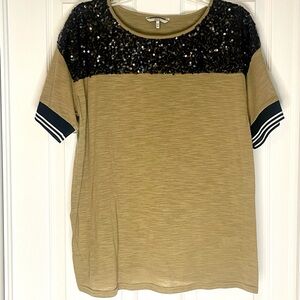 BKE Olive Green Short Sleeve Top with Black Sequin Yoke